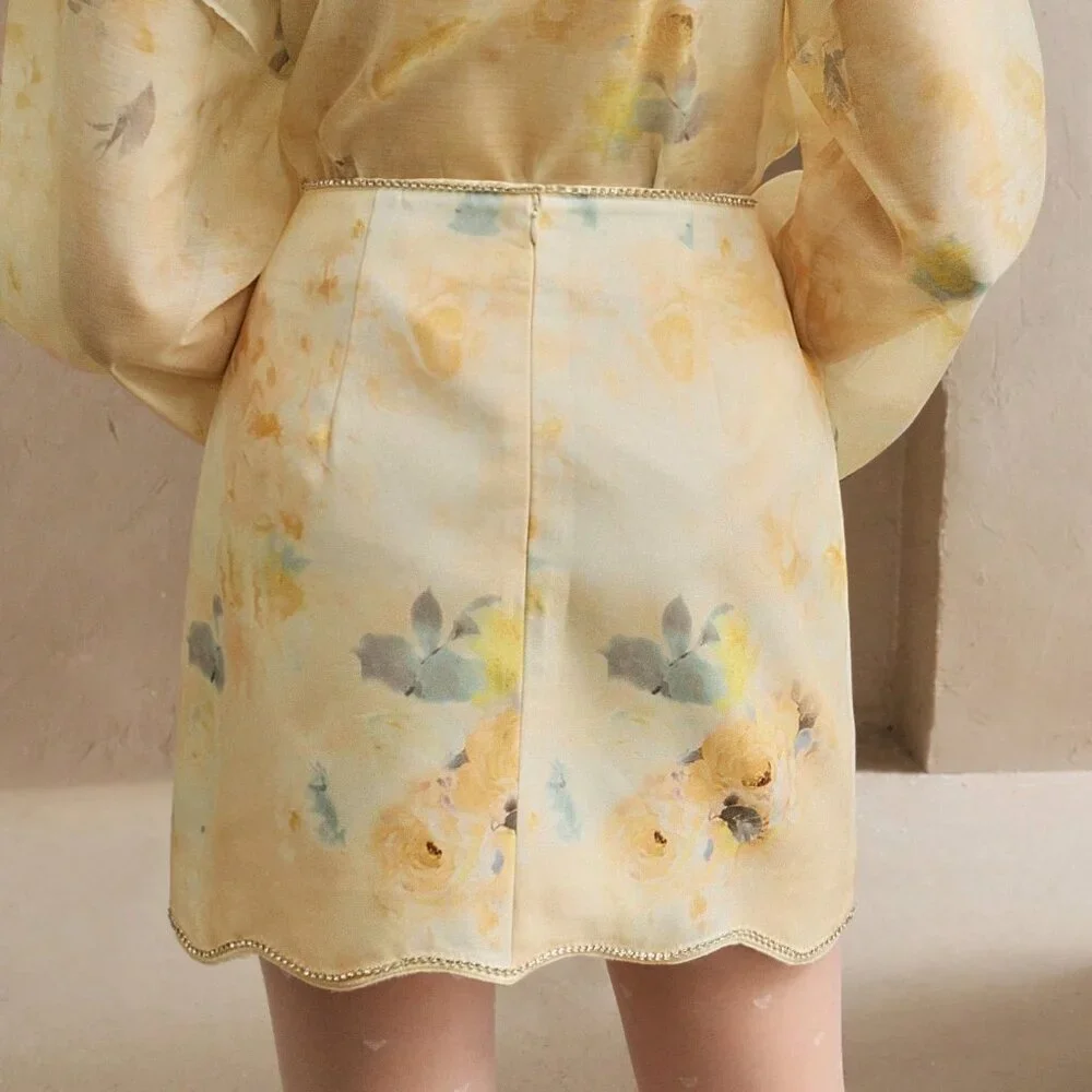 Yellow Elegant Women's French Floral Print High Waist Skirt